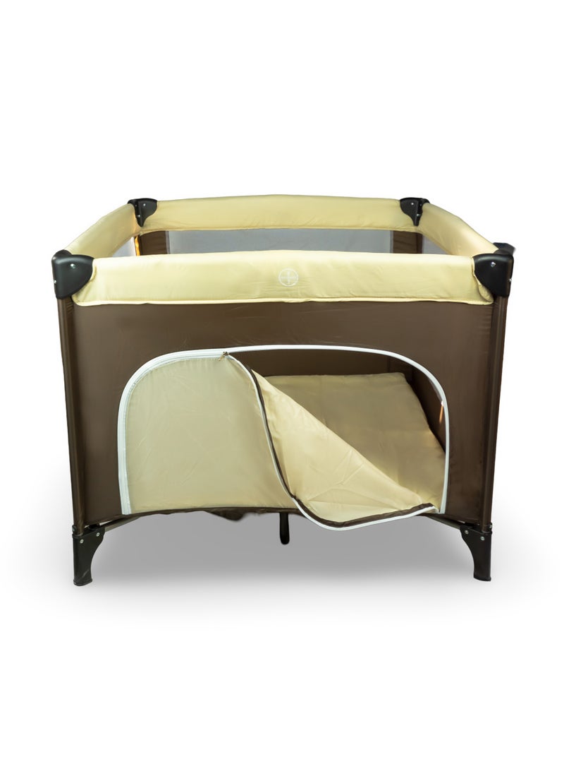 molody Square Baby Playpen with Breathable Mesh and Zipper Door – Folding Bed for Infants
-Brown  - Image 1