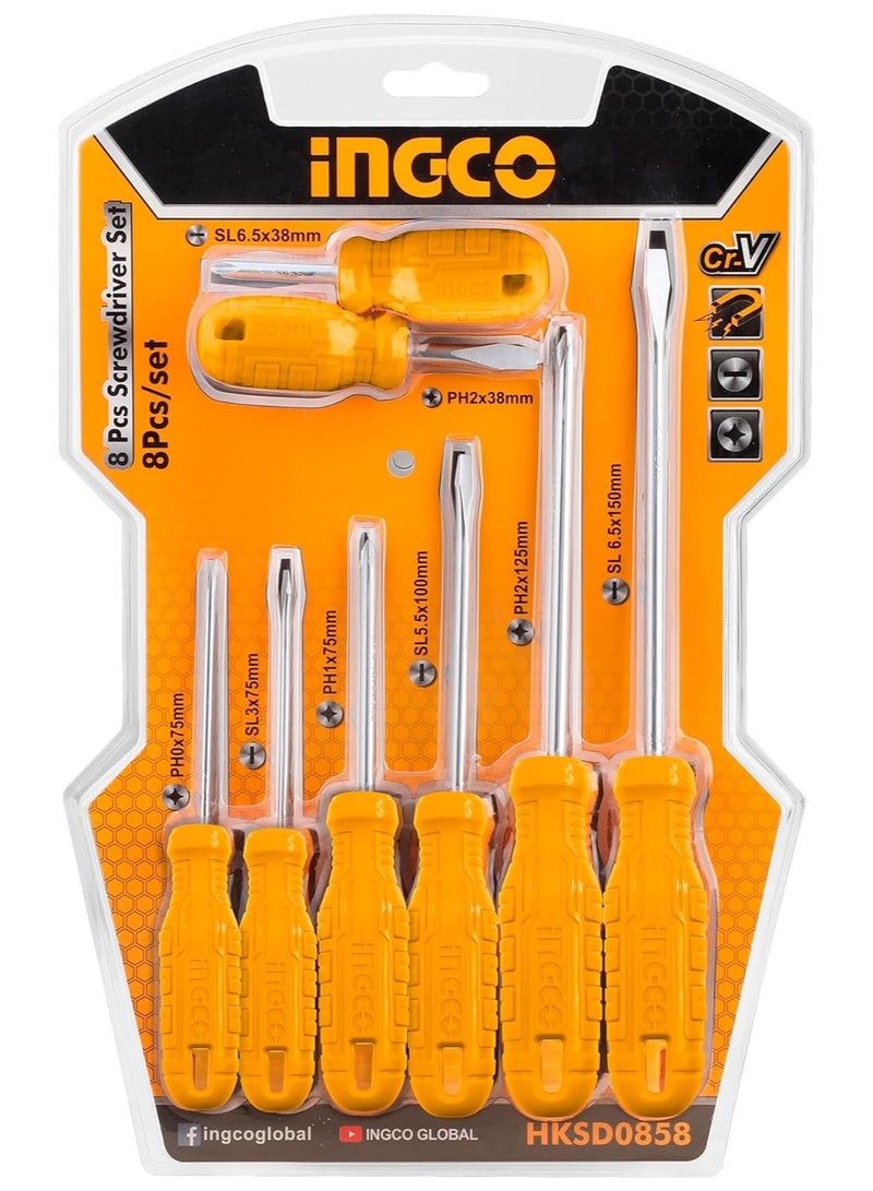 INGCO مجموعة مفكات براغي مغناطيسية محمولة احترافية ومتعددة الأغراض من إنجكو، مكونة من 8 قطع، مثالية للمكتب والمنزل والاستخدام المهني، باللون الأصفر، Hksd0858 - Image 1
