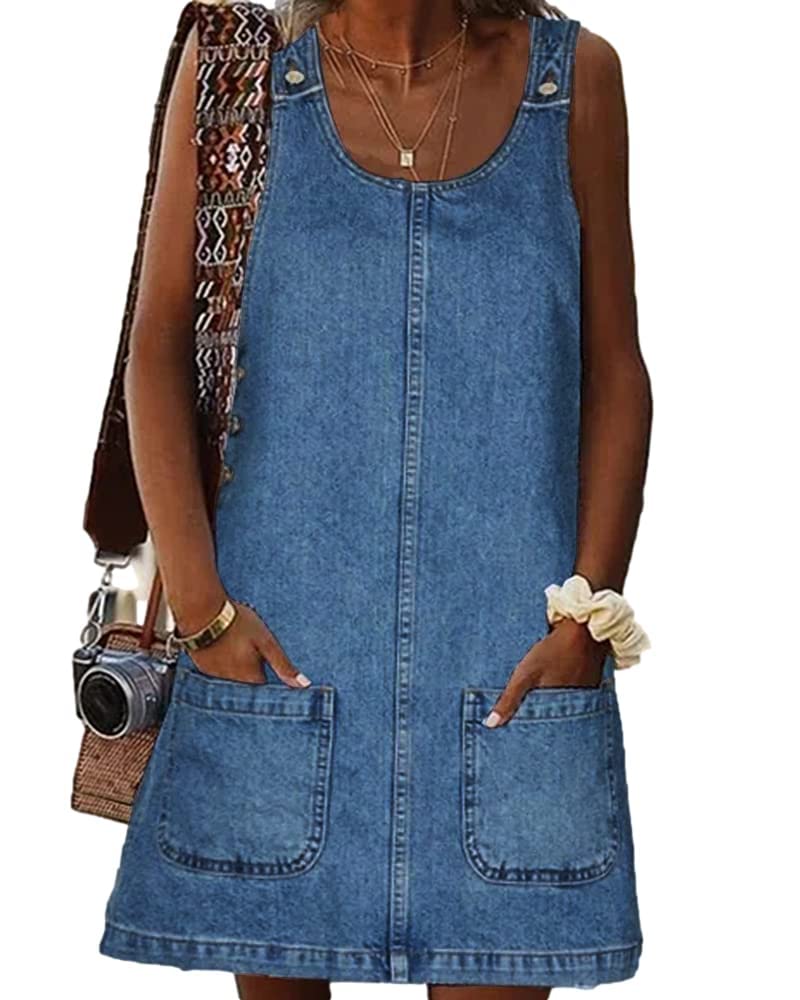 BZB Womens Sleeveless Casual Denim Dress Crewneck Vintage Overall Mini Dress with Pockets