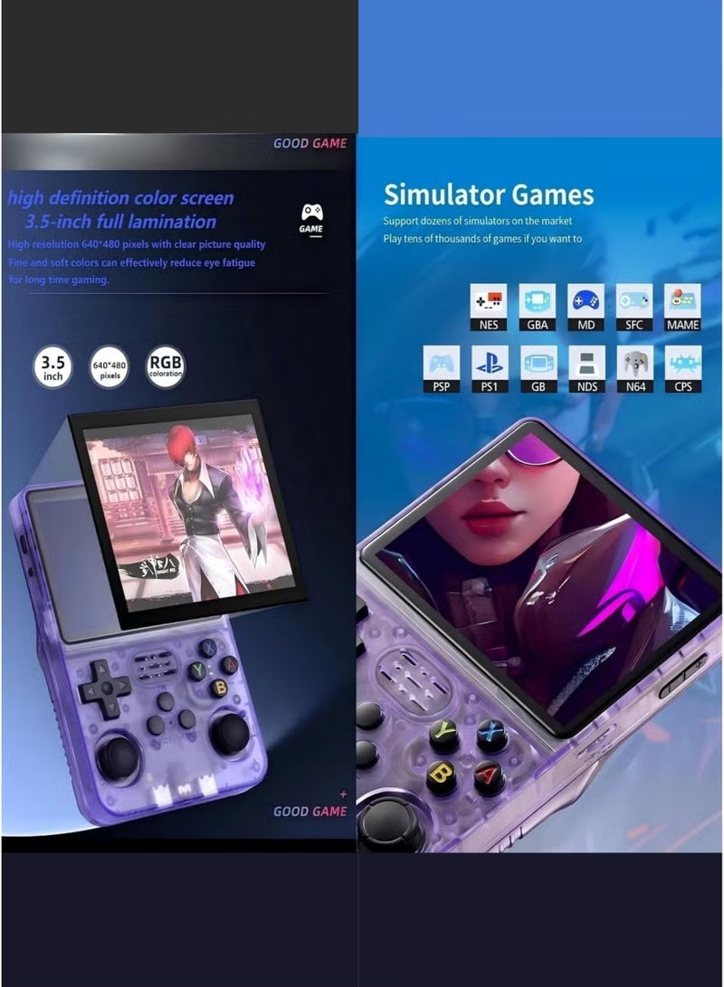 ELTRAZONE R36S Handheld Game Console 3.5 Inch IPS Display Open Source Linux Gaming System with 64GB TF Card and Dual 3D Joysticks, Transparent Purple - Image 4