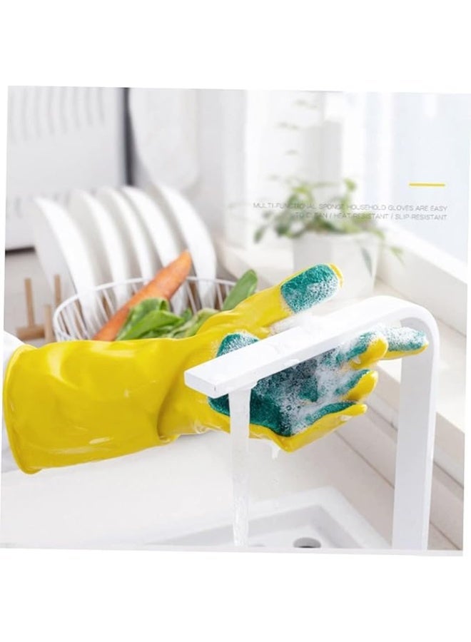 2 Pair Kitchen Cleaning Gloves, Household Housekeeping Sponge Gloves, Reusable Dishwashing With Scouring Pad, Laundry, Yellow - Image 3