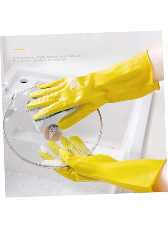 2 Pair Kitchen Cleaning Gloves, Household Housekeeping Sponge Gloves, Reusable Dishwashing With Scouring Pad, Laundry, Yellow - Image 2