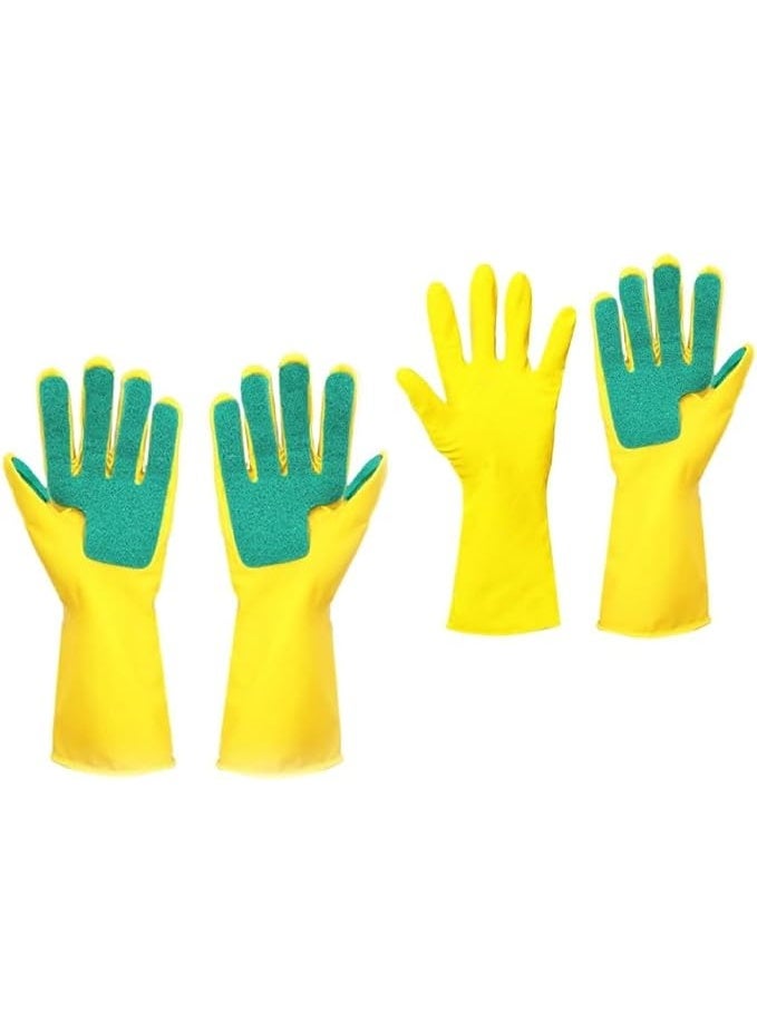 2 Pair Kitchen Cleaning Gloves, Household Housekeeping Sponge Gloves, Reusable Dishwashing With Scouring Pad, Laundry, Yellow - Image 1