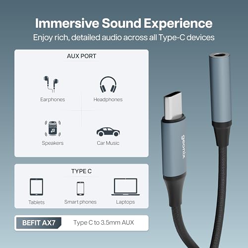 Geonix Befit AX7 Type C to 3.5mm AUX Adapter | Built-in DAC | Mic & Audio Support | Plug & Play | Nylon Braided & Aluminum Alloy | Compatible with Smartphones, Tablets & Laptops - Image 2