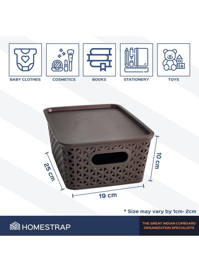 هومستراب مجموعة من 3 منظمات/سلال تخزين بلاستيكية مع غطاء من HomeStrap للمطبخ والملابس والخضروات متعددة الأغراض والألعاب والكتب والمكتب والقرطاسية وخزانة الملابس (صغيرة | بنية) مستطيلة - Image 2