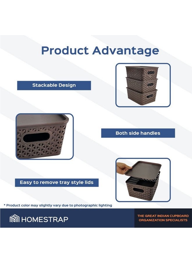 هومستراب مجموعة من 3 منظمات/سلال تخزين بلاستيكية مع غطاء من HomeStrap للمطبخ والملابس والخضروات متعددة الأغراض والألعاب والكتب والمكتب والقرطاسية وخزانة الملابس (صغيرة | بنية) مستطيلة - Image 3