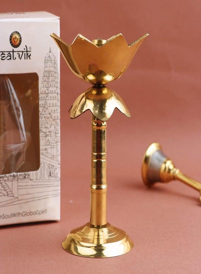 SATVIK STORE SATVIK قطعة واحدة من زهرة النحاس Akhand Diya Kamal على شكل حامل معدني Diya احتفالي هندي تقليدي Diwali Puja Pooja Mandir Home Temple Oil Lamp Dia مع Red Jyot Wicks عناصر هدايا الإرجاع الهندية لمنزل جديد - Image 1
