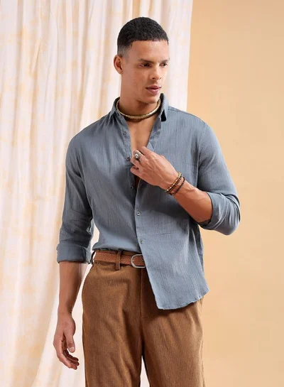 شركة المرآب الهندية Men Slim Fit Solid Full Sleeves Cutaway Collar Resort Wear Shirt