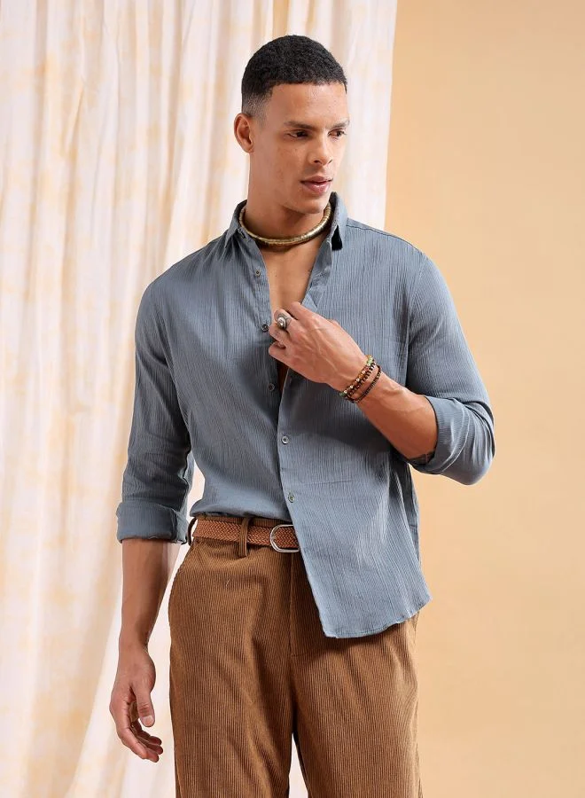 شركة المرآب الهندية Men Slim Fit Solid Full Sleeves Cutaway Collar Resort Wear Shirt