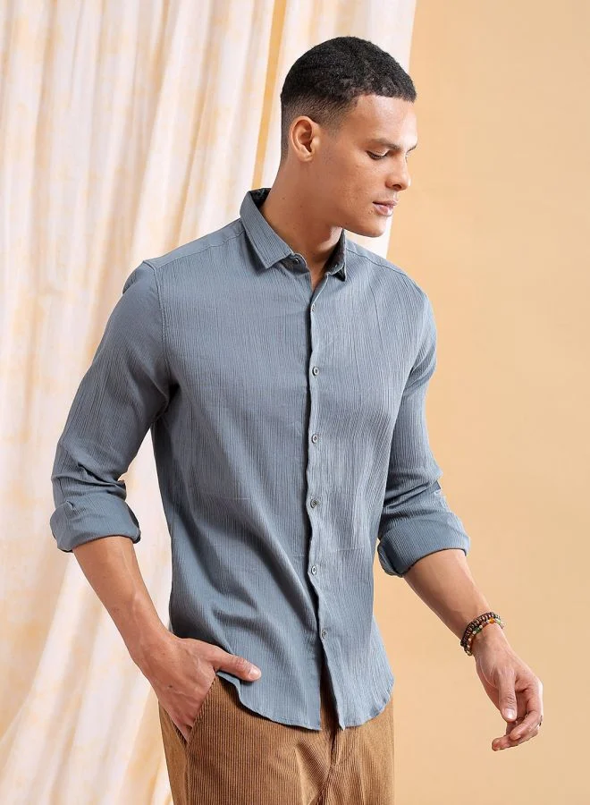 شركة المرآب الهندية Men Slim Fit Solid Full Sleeves Cutaway Collar Resort Wear Shirt