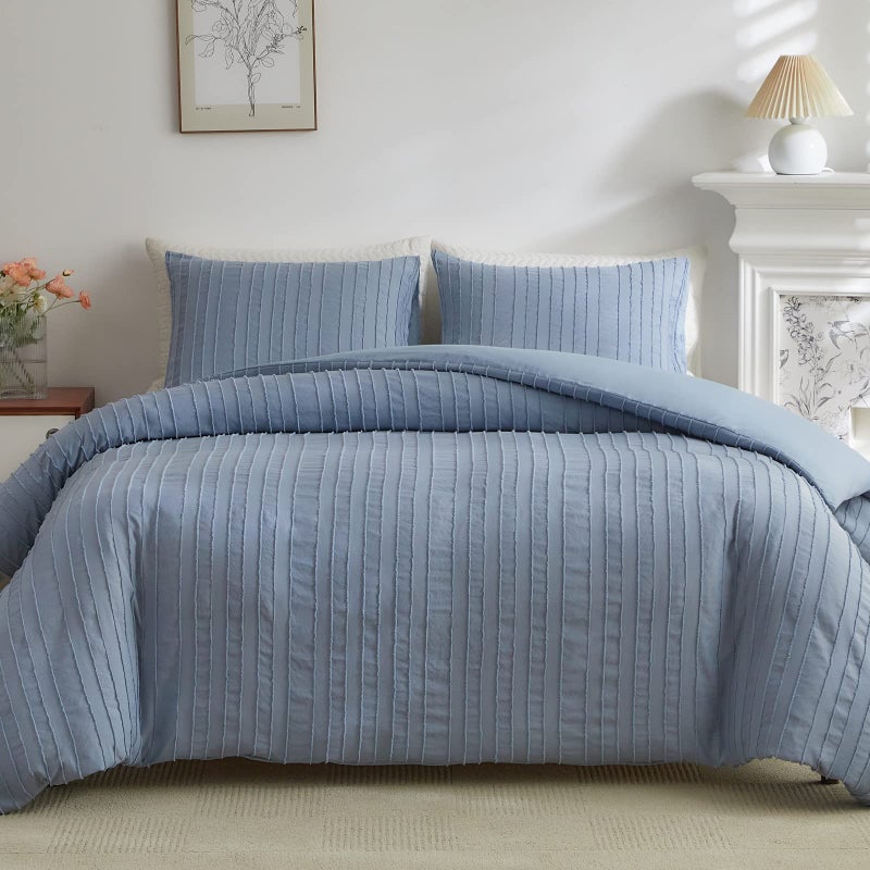 WARMDERN Blue Tufted Duvet Cover Set Queen Size Striped Textured Duvet Cover Boho Bedding Set 3 Pcs Ultra Soft Washed Microfiber Duvet Cover with Zipper Closure Queen Blue