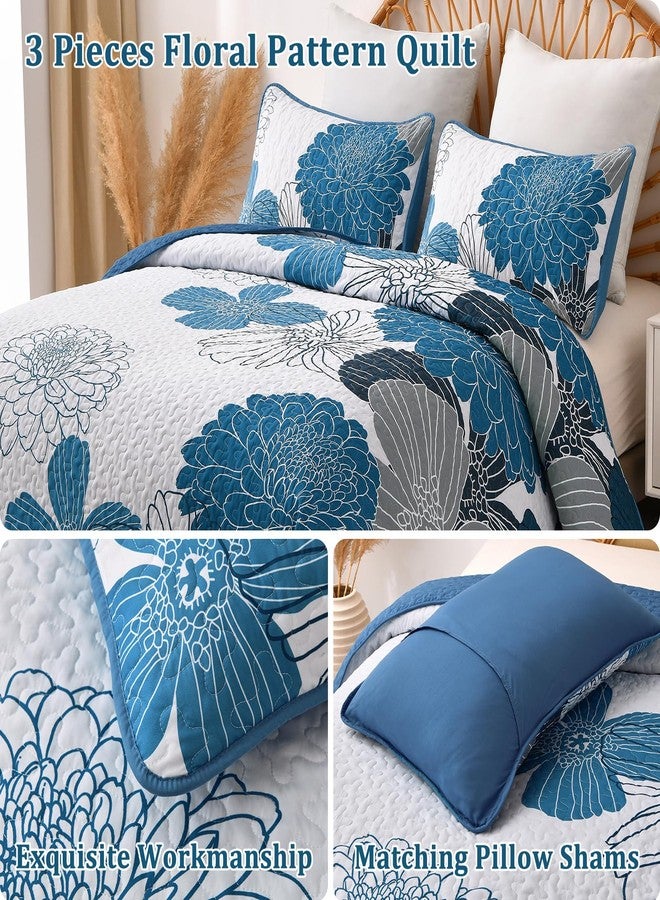 Anibedding Queen Quilt Sets Blue Floral Pattern Quilt Bedding Set, 3 Pieces Botanical Quilt Bedspread Coverlet Set Soft Microfiber Bed Coverlet Bedding Set for All Season(96" x 90) - Image 5
