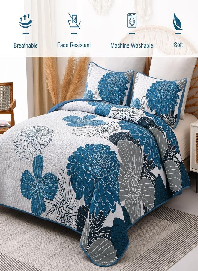 Anibedding Queen Quilt Sets Blue Floral Pattern Quilt Bedding Set, 3 Pieces Botanical Quilt Bedspread Coverlet Set Soft Microfiber Bed Coverlet Bedding Set for All Season(96" x 90) - Image 4