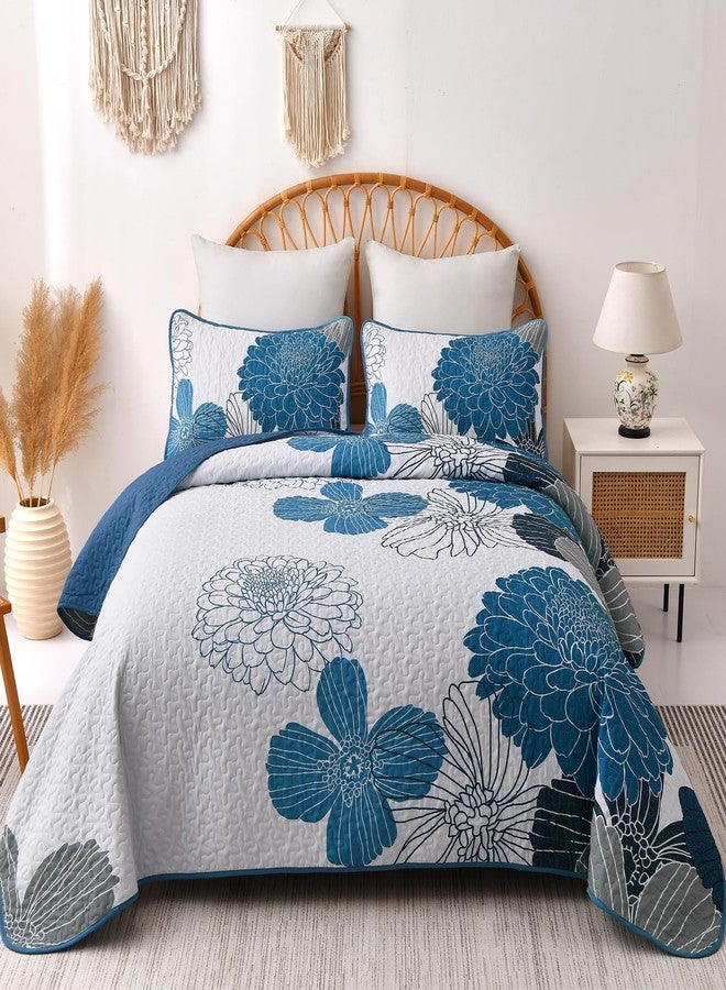 Anibedding Queen Quilt Sets Blue Floral Pattern Quilt Bedding Set, 3 Pieces Botanical Quilt Bedspread Coverlet Set Soft Microfiber Bed Coverlet Bedding Set for All Season(96" x 90) - Image 2