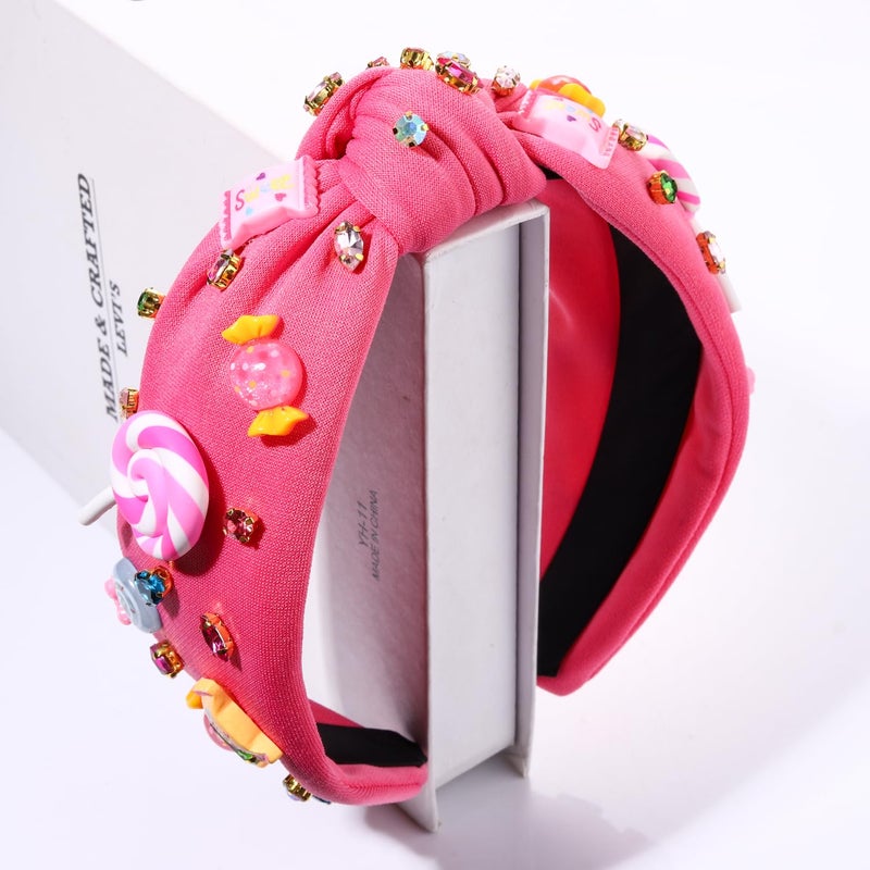 HSWE Knotted Headband for Women Lollipop Candy Charms Crystal Jeweled Embellished Top Knot Hairband Statement Wide Turban Hair Hoop Funny Gifts for Birthday Xmas Holiday Party - Image 2
