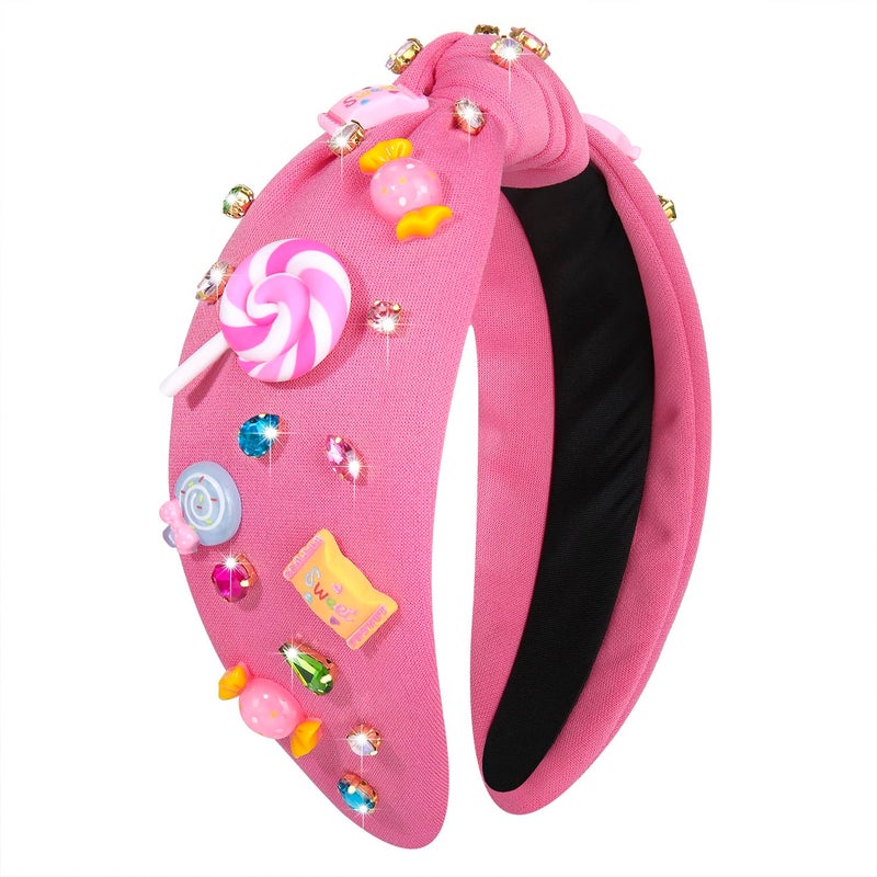 HSWE Knotted Headband for Women Lollipop Candy Charms Crystal Jeweled Embellished Top Knot Hairband Statement Wide Turban Hair Hoop Funny Gifts for Birthday Xmas Holiday Party - Image 1