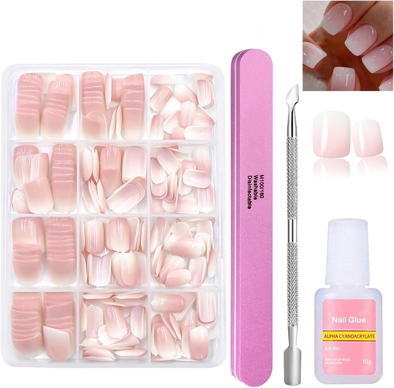 Press on Nails Kit 240Pcs Natural Gradient Pink Fake Nails Acrylic Coffin False Nails with Glue 12 Sizes Glossy Full Cover Stick on Nail for Women Girls Nails Art Decorations