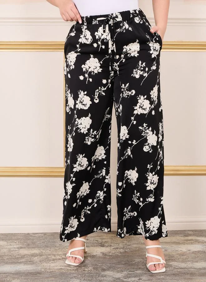 ستايلي Floral Print Wide Leg Pant with Drawstring Waistband