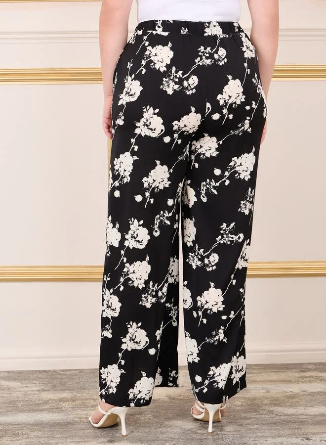 ستايلي Floral Print Wide Leg Pant with Drawstring Waistband