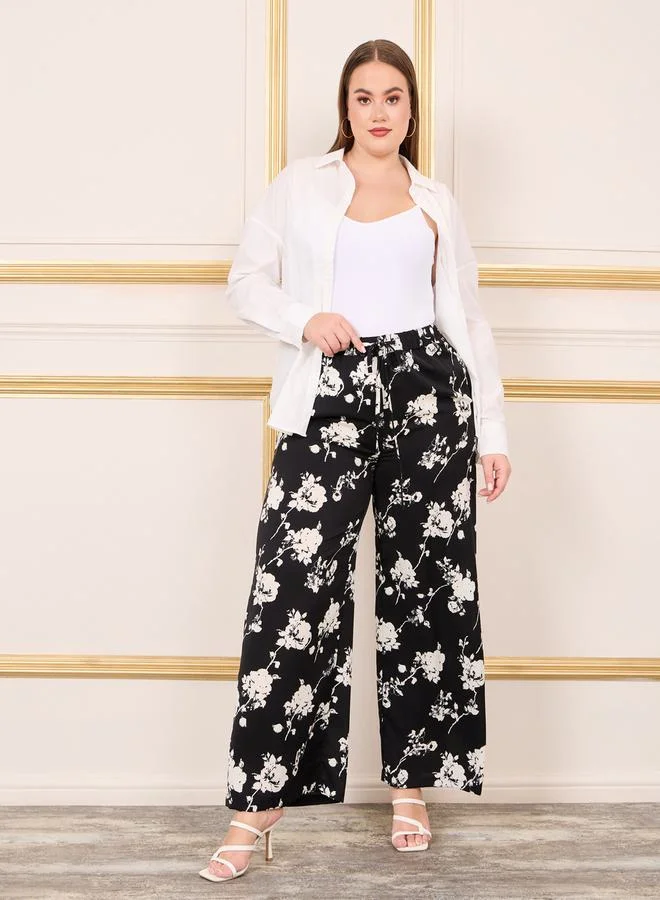 ستايلي Floral Print Wide Leg Pant with Drawstring Waistband