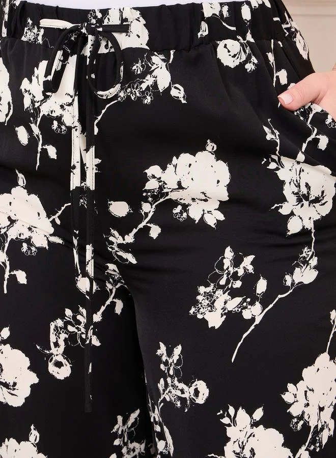 ستايلي Floral Print Wide Leg Pant with Drawstring Waistband