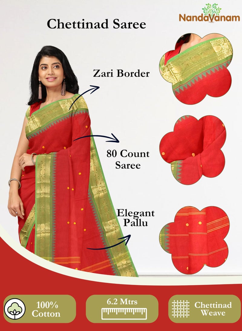 NandaVanam Women's Chettinad Cotton Sarees Zari Border | Pure Cotton Saree with Blouse | Soft, Comfort Sarees | Cotton Sarees for Women Daily use All Occasion Wear (Maroon) - Image 2