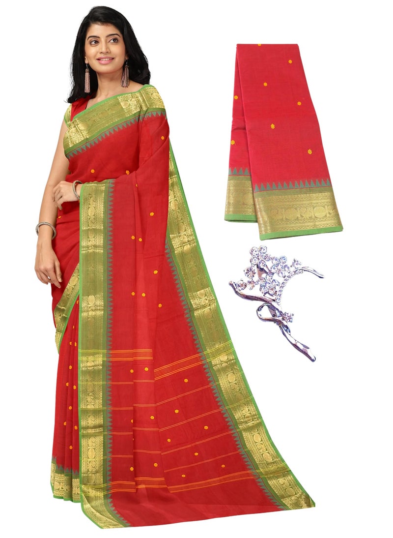 NandaVanam Women's Chettinad Cotton Sarees Zari Border | Pure Cotton Saree with Blouse | Soft, Comfort Sarees | Cotton Sarees for Women Daily use All Occasion Wear (Maroon) - Image 1