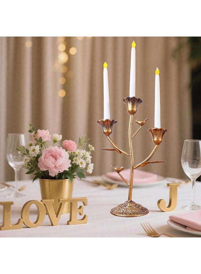 Mervkis Candle Holder Vintage Candlestick Holder Stand for Stick Taper Candle, 3-Arm Cast Iron Candelabra for Wedding Centerpiece Table Decorations Fireplace Mantel Decor, Antique Gold - Image 2