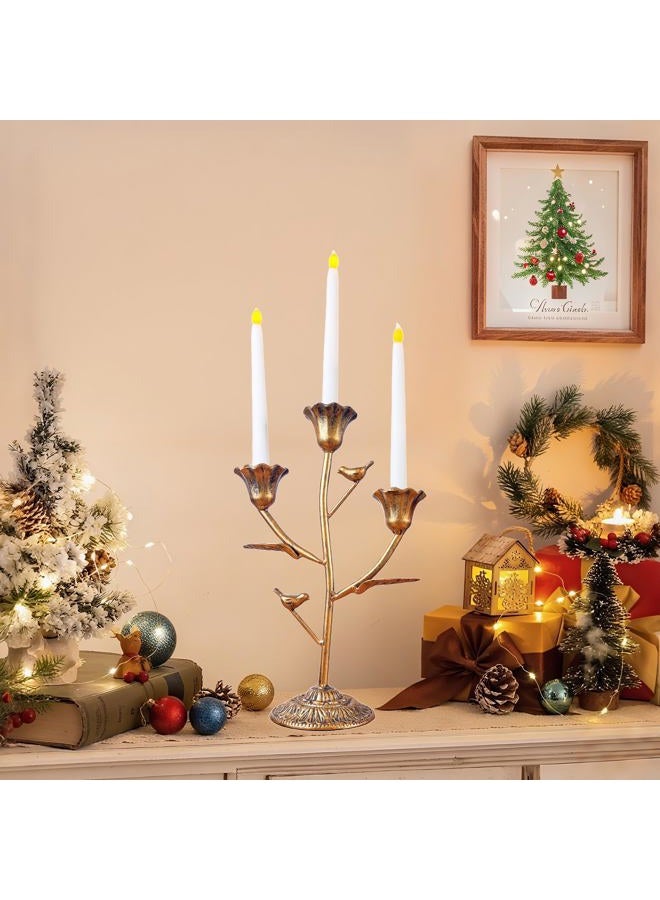 Mervkis Candle Holder Vintage Candlestick Holder Stand for Stick Taper Candle, 3-Arm Cast Iron Candelabra for Wedding Centerpiece Table Decorations Fireplace Mantel Decor, Antique Gold - Image 3