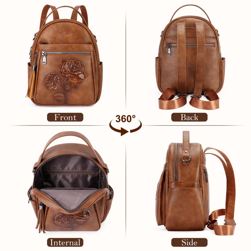 VIMUTI Mini Backpack Purse for Women,Embossed Leather Small Backpack Fashion Travel Backpacks Daypacks Shoulder Handbag (BROWN-Flower) - Image 4