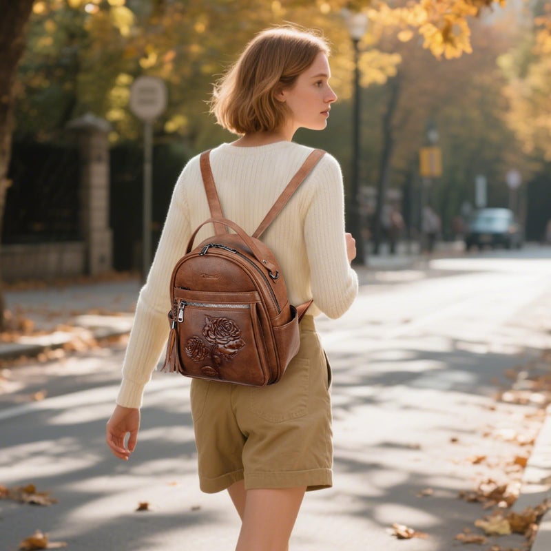 VIMUTI Mini Backpack Purse for Women,Embossed Leather Small Backpack Fashion Travel Backpacks Daypacks Shoulder Handbag (BROWN-Flower) - Image 2