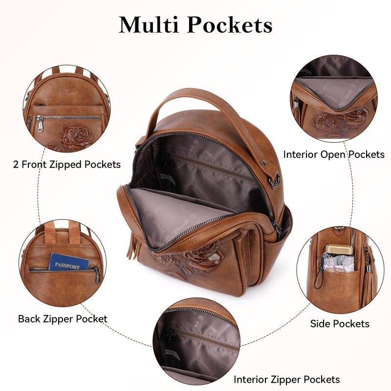 VIMUTI Mini Backpack Purse for Women,Embossed Leather Small Backpack Fashion Travel Backpacks Daypacks Shoulder Handbag (BROWN-Flower) - Image 5