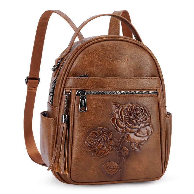 VIMUTI Mini Backpack Purse for Women,Embossed Leather Small Backpack Fashion Travel Backpacks Daypacks Shoulder Handbag (BROWN-Flower) - Image 1