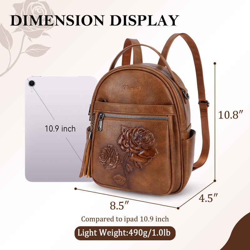 VIMUTI Mini Backpack Purse for Women,Embossed Leather Small Backpack Fashion Travel Backpacks Daypacks Shoulder Handbag (BROWN-Flower) - Image 3