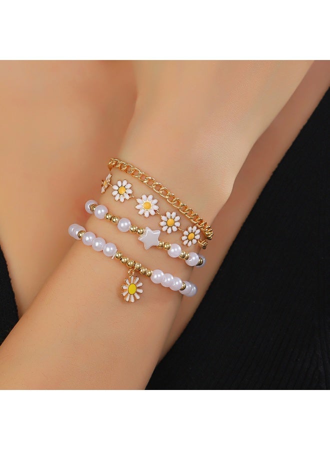 Valshar 4-Piece Daisy Flower Bracelet, Pearl Beaded Flower Bracelet, Multilayer Bracelet Set Flower Bracelet Women Jewelry - Image 1