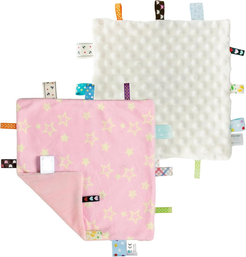 Tag Security Blankets for Babies, Soft Small Loveys for Boys, Baby Comforter Sensory Blanket, Great Gifts for Birthday Baby Shower - 10"X10" Pink Star + Ivory
