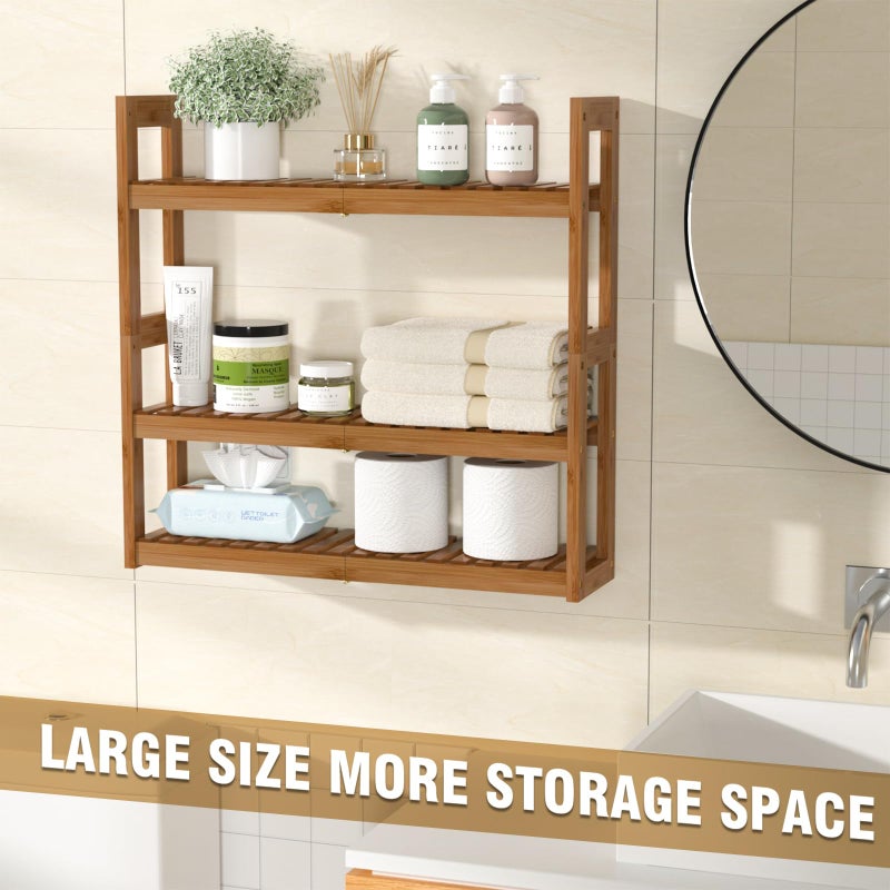 Domax Bathroom Shelves Over The Toilet Storage Shelf - 3 Tier Wall Mount Bamboo Bathroom Shelf Organizer Multifunctional Adjustable Layer Free Standing Utility Shelves for Living Room Kitchen - Image 2