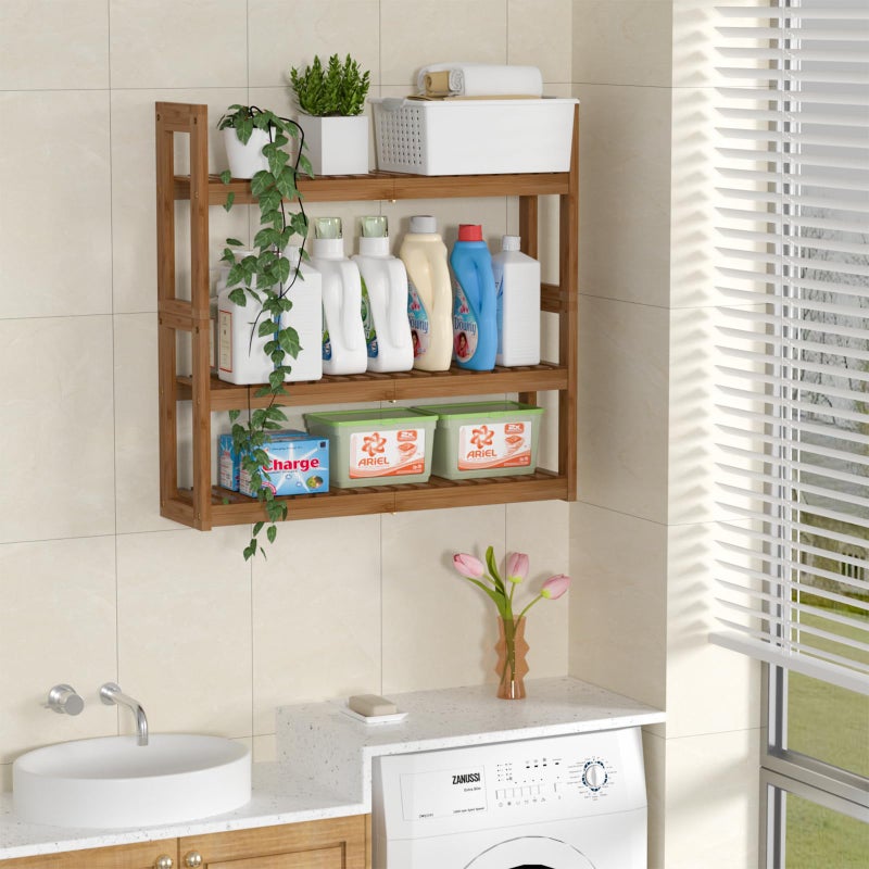 Domax Bathroom Shelves Over The Toilet Storage Shelf - 3 Tier Wall Mount Bamboo Bathroom Shelf Organizer Multifunctional Adjustable Layer Free Standing Utility Shelves for Living Room Kitchen - Image 5