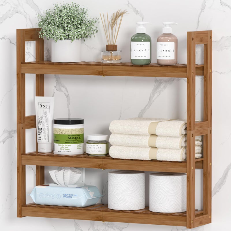 Domax Bathroom Shelves Over The Toilet Storage Shelf - 3 Tier Wall Mount Bamboo Bathroom Shelf Organizer Multifunctional Adjustable Layer Free Standing Utility Shelves for Living Room Kitchen - Image 1
