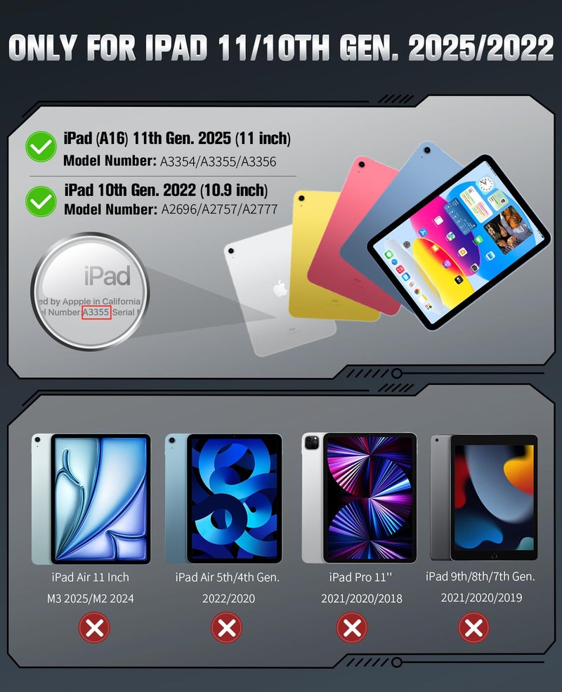 MoKo for iPad (A16) 11th/10th Generation Case 2025/2022, Heavy Duty Shockproof Dual Layer Full Body Protective Cover, Built-in Screen Protector and Kickstand for iPad 11/10.9 Inch,Black - Image 2