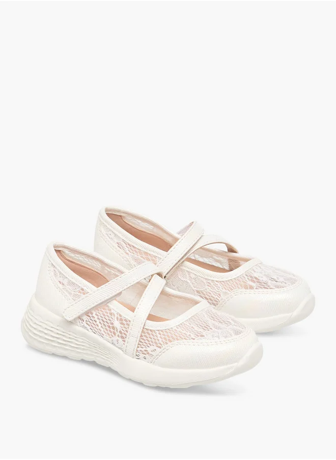جونيورز Girls Lace Detail Mary Jane Shoes with Hook and Loop Closure