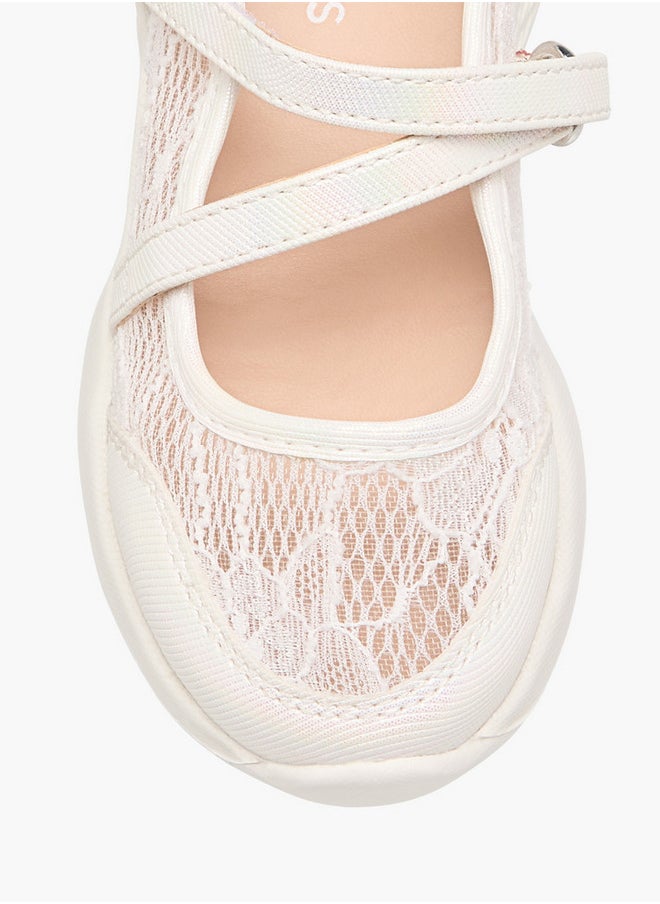 JUNIORS Girls Lace Detail Mary Jane Shoes with Hook and Loop Closure  - Image 4