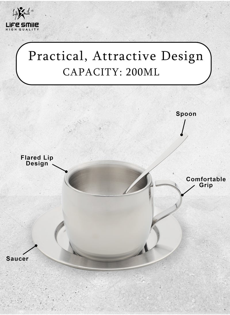 Life Smile Stainless Steel Coffee Cup with Spoon and Saucer Set  - Image 2