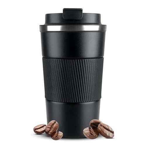 Lyrovo Insulated Travel Coffee Mug Spill Proof Leak Proof Pobtable to Go Camping Stainless Steel Coffee Tumbler Reusable Coffee Cups with Lids Thermos for Hot and Cold Drink (2nd-Black, 380ml) - Image 1