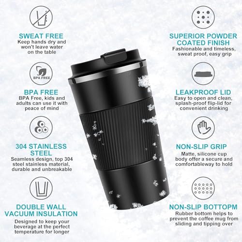 Lyrovo Insulated Travel Coffee Mug Spill Proof Leak Proof Pobtable to Go Camping Stainless Steel Coffee Tumbler Reusable Coffee Cups with Lids Thermos for Hot and Cold Drink (2nd-Black, 380ml) - Image 4