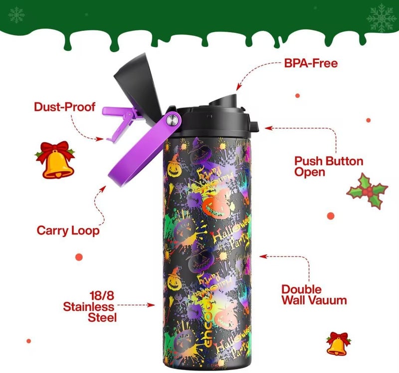 ENCOOL Insulated Water Bottle with Straw Stainless Steel Water Bottle with Push Button Lid, Leak-Proof & BPA-Free, Keeps Cold for 24 Hours for Sports, Travel, Gym (24 oz, Ghost Party) - Image 2