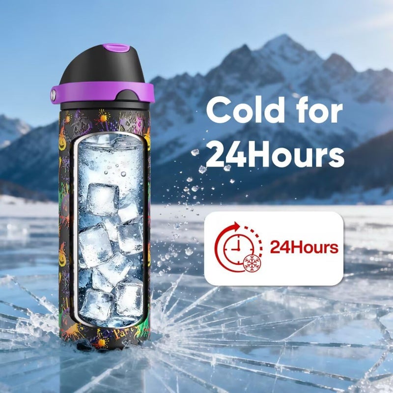 ENCOOL Insulated Water Bottle with Straw Stainless Steel Water Bottle with Push Button Lid, Leak-Proof & BPA-Free, Keeps Cold for 24 Hours for Sports, Travel, Gym (24 oz, Ghost Party) - Image 5