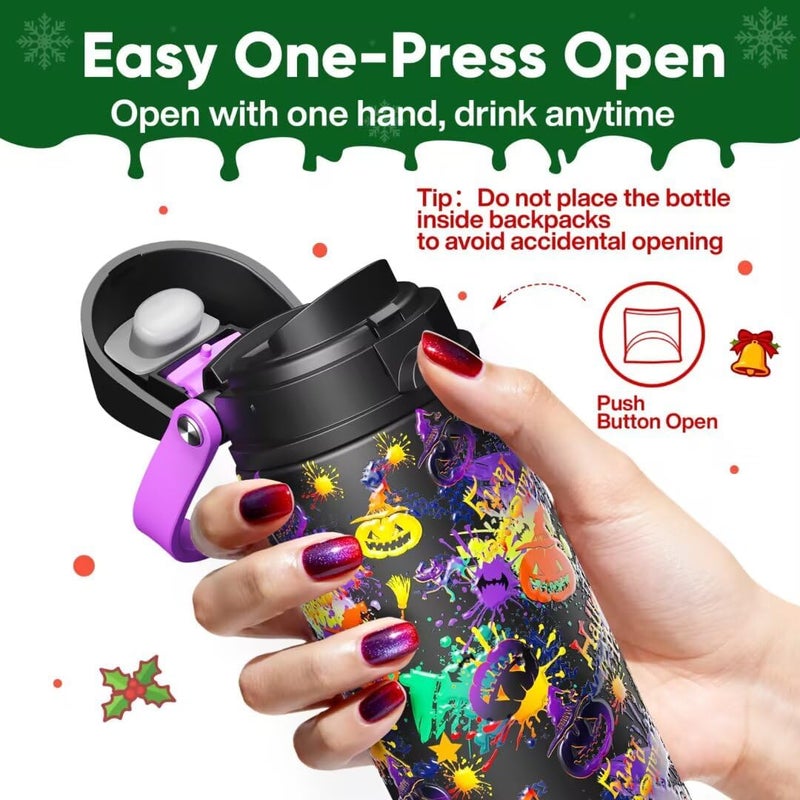 ENCOOL Insulated Water Bottle with Straw Stainless Steel Water Bottle with Push Button Lid, Leak-Proof & BPA-Free, Keeps Cold for 24 Hours for Sports, Travel, Gym (24 oz, Ghost Party) - Image 3