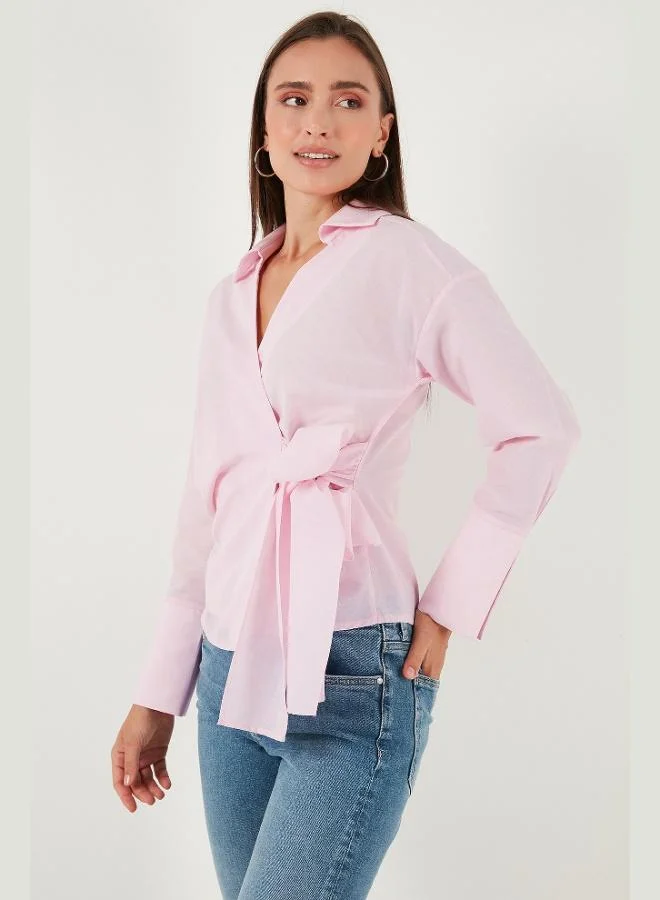 ليلا قميص نسائي قطني بأكمام طويلة بتفاصيل ربط مقاس عادي