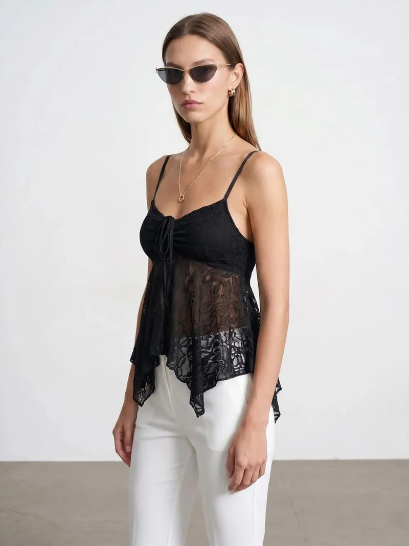 ديلفين DILVIN Lace Tie-front Sleeveless Blouse